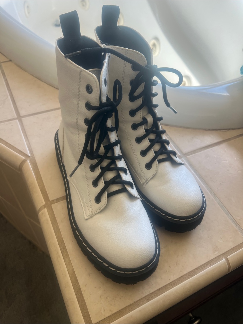 Sincerly Jules White Lace-Up Combat Boots with Black Accents